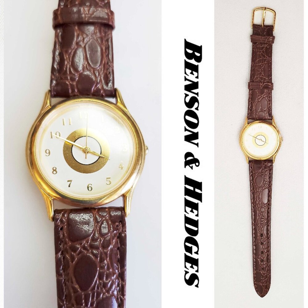 Vintage Benson & Hedges 80s Bullseye Analog Dial Gold Tone Watch Leather Band
